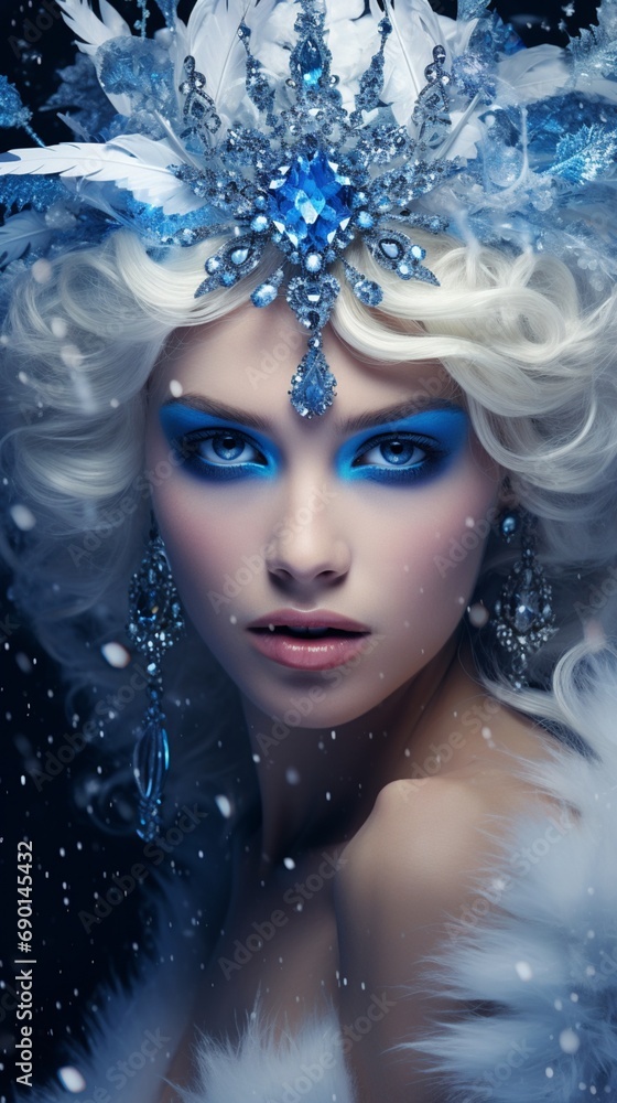 A celestial snow queen, captivating azure eyes, wrapped in shimmering sapphire feathers and diamonds, against a cosmic navy background.
