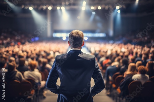Back view of motivational speaker standing on stage in front of audience for motivation speech on conference or business event photo