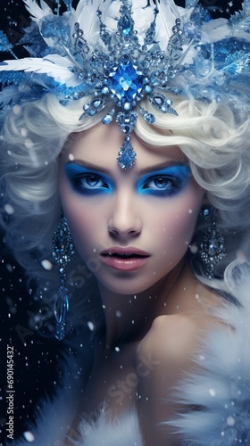 A celestial snow queen  captivating azure eyes  wrapped in shimmering sapphire feathers and diamonds  against a cosmic navy background.
