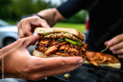 hand taking a tempeh sandwich from a food truck