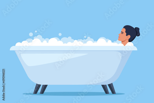 Woman in bath. Relaxed girl in bathtub with foam bubbles. Self care and hygiene, spa and relaxing. Vector illustration.