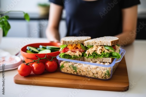 woman packing tempeh sandwich into a lunch box