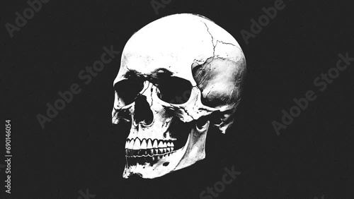 Animation of a white skull on a black background, stop motion style, black and white color photo
