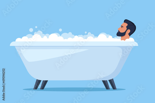 Man in bath. Relaxed guy in bathtub with foam bubbles. Self care and hygiene, spa and relaxing. Vector illustration.