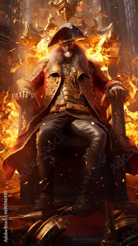 A charismatic pirate monarch, eyes ablaze with golden intensity, dressed in fiery red and silver, holding court on a golden throne amidst a dazzling display of boundless wealth.