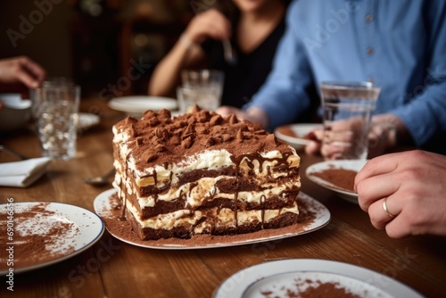 tiramisu cake on a family dining table while theyre eating