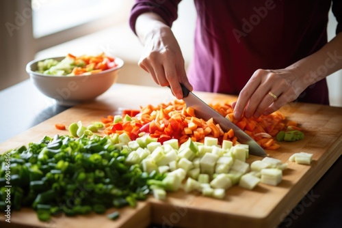 a woman dicing vegetables for a tofu stir-fry