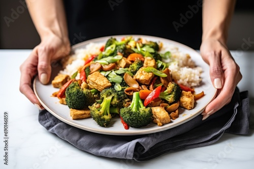 hands showcasing a plate of completed tofu stir-fry