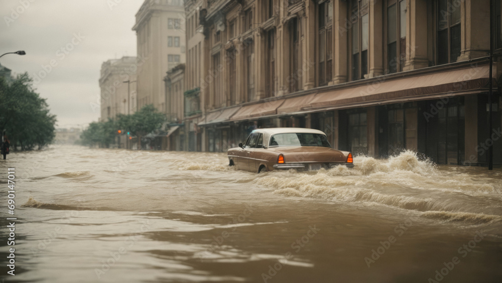 Impact of climate change. Big flood in town. World cataclysm, danger concept. Impact of climate change. Big flood in town. World cataclysm, danger concept.