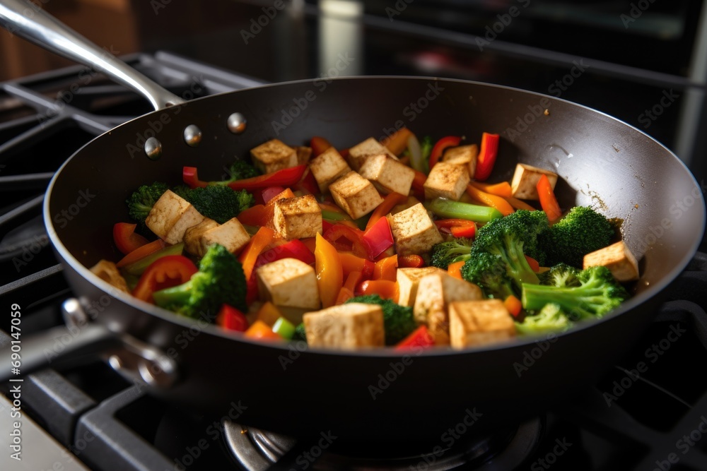 half-done tofu stir-fry in a pan on a stove half-done tofu stir-fry in a pan on a stove