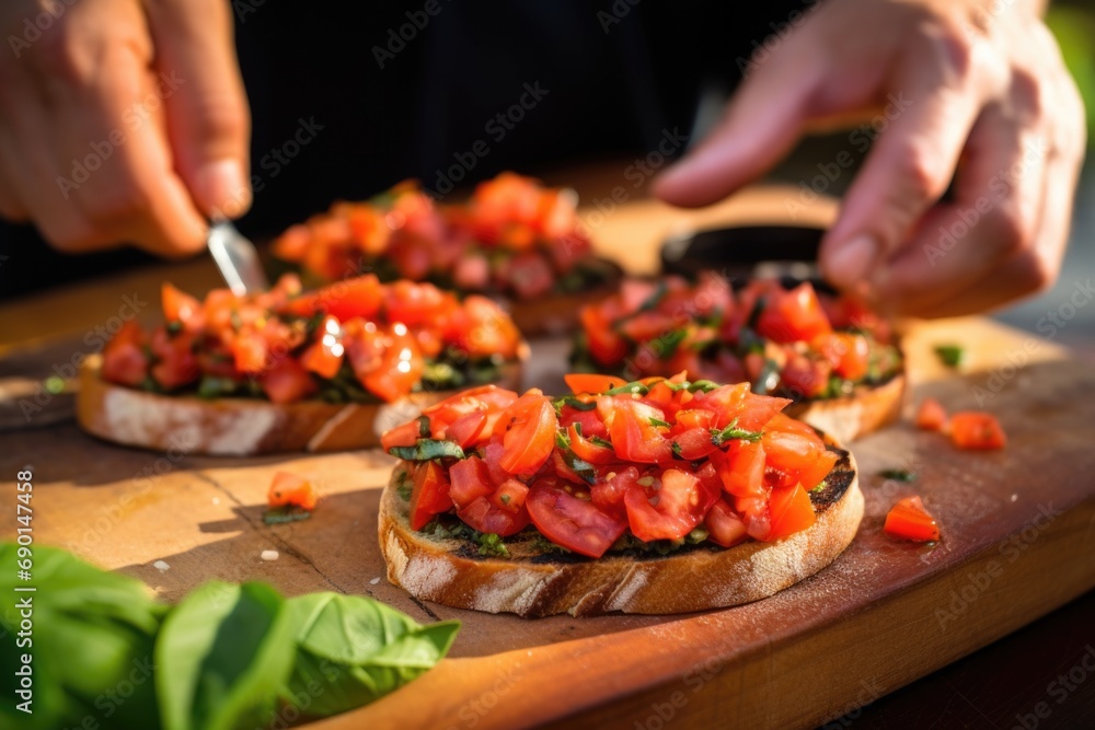 individual massaging fresh tomato slices onto freshly grilled bread for bruschetta