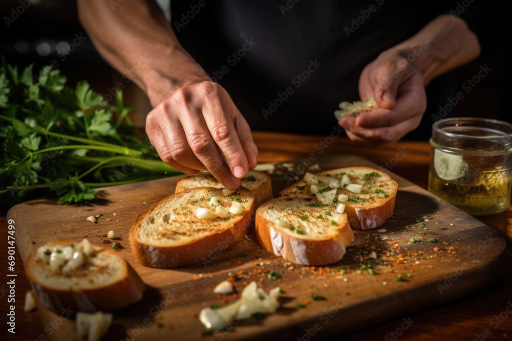 man using a garlic clove to rub freshly-toasted bread slices