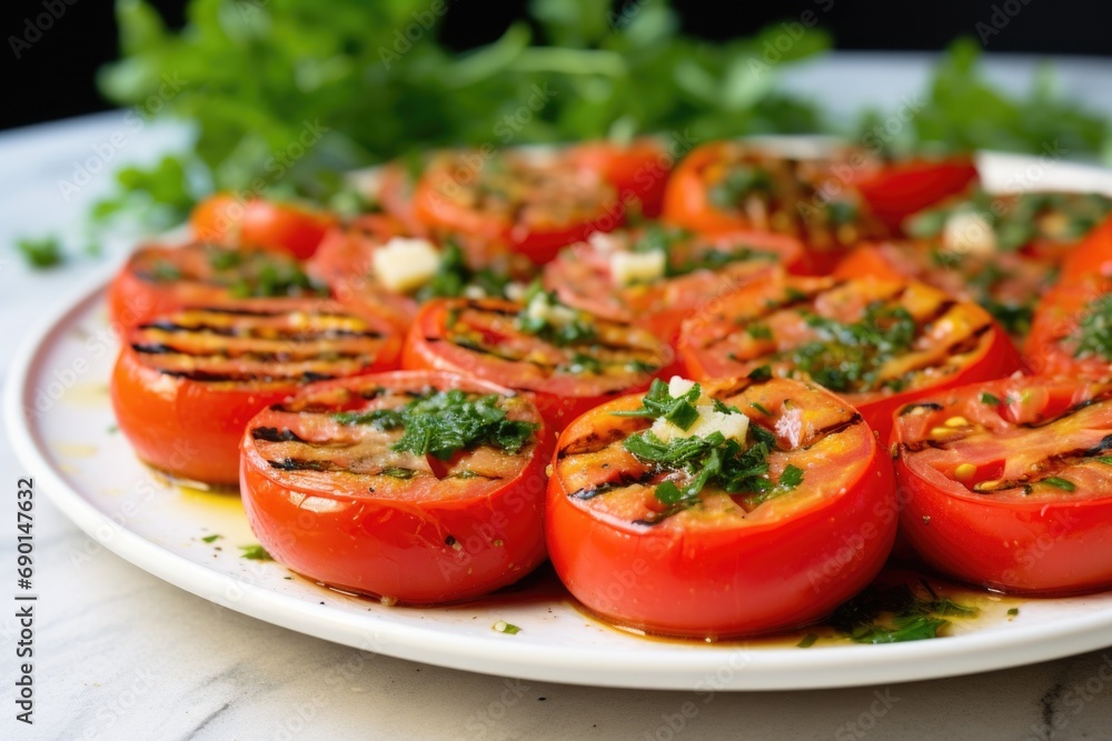 grilled tomatoes cooling off on a serving plate grilled tomatoes cooling off on a serving plate