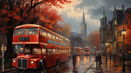A nostalgic scene of a vintage double-decker bus navigating through the bustling streets of a historic city, its red exterior adding a pop of color to the urban landscape.