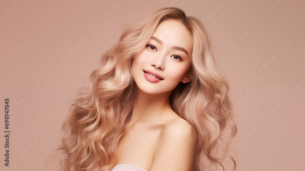 Studio fashion portrait of asian blonde woman with beautiful waving hair. Cheerful and positive emotions. AI generated.
