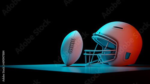White American football helmet and ball copy space background, 3d rendering