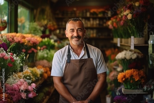 male florist in his shop selling flowers