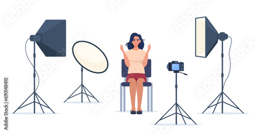 Shooting interview in professional studio. Soft box light, camera, spotlight. Professional equipment for video shooting. Woman having conversation on camera, making content. Vector illustration.
