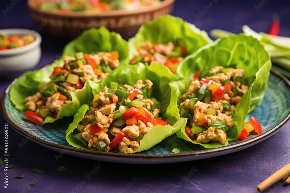 turkey lettuce wraps on a colorful ceramic plate