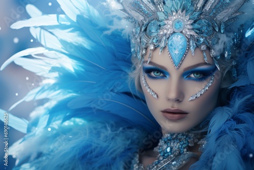 A crystal queen, her cyan eyes enchanting, surrounded by feathers in shades of sky blue and diamonds, on a bright azure background.