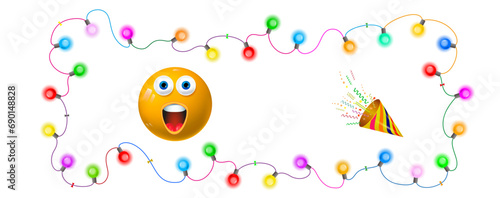 Vector illustration of chains of multicolored lights. Emoji and garland. A set for a Christmas banner.