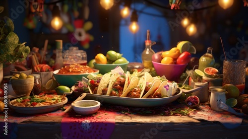 A festive Mexican fiesta with tacos, guacamole, and margaritas.