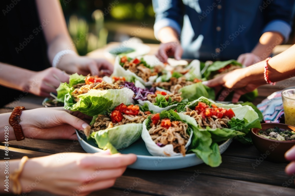group of friends sharing turkey lettuce wraps