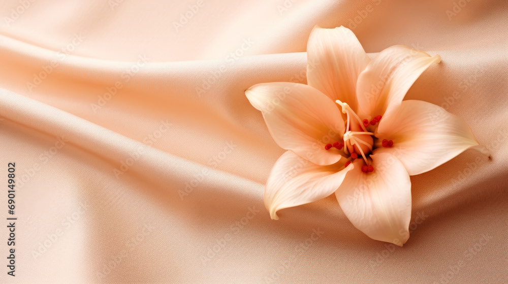 A pink flower sitting on top of a white cloth, peach fuzz, color of the year 2024, monochromatic image