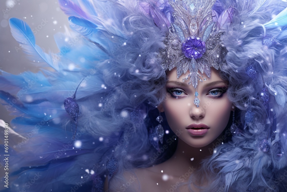 A crystal queen, her indigo eyes enchanting, surrounded by feathers in shades of periwinkle and diamonds, on a serene lavender background.