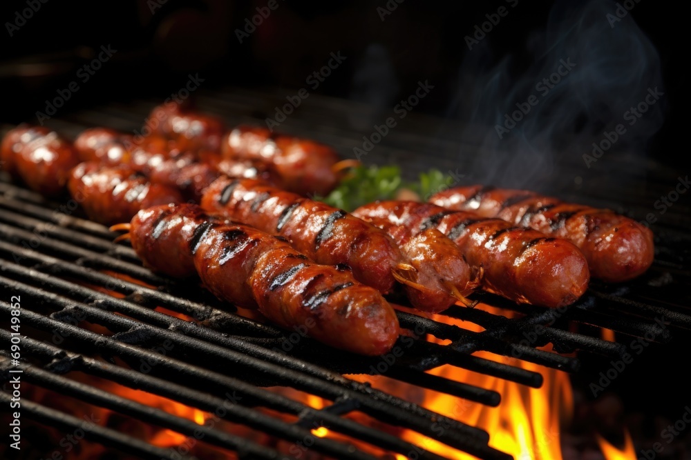 organic soy-based bbq sausages being cooked over flame organic soy-based bbq sausages being cooked over flame