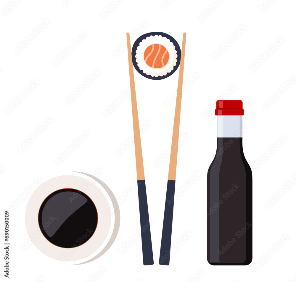 Soy sauce, chopsticks with sushi piece roll. Japanese cuisine, traditional food. Vector illustration. Soy sauce, chopsticks with sushi piece roll. Japanese cuisine, traditional food. Vector illustration.