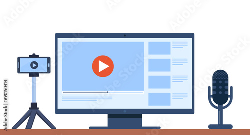 Video production concept. Making visual content for social media. Writing scenario, shooting video and editing with special equipment. Multimedia and film production concept. Vector illustration.