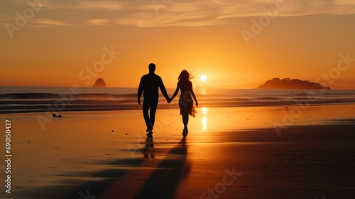 A man and a woman walking on a beach at sunset
