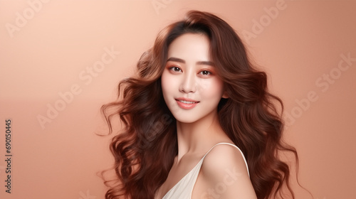 Fashion beauty portrait of young asian model with waving dark hair on beige background.