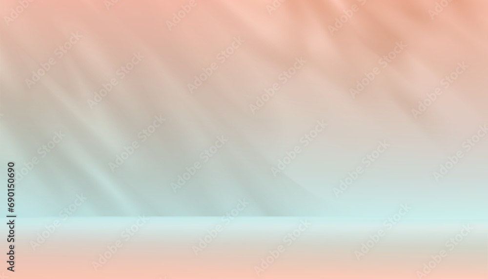 Obraz premium Background Beige Wall Studio,Summer Background,Empty Peach,Blue Room background with Light,Shadow Leaves on Table or Podium,Vector minimal backdrop Mockup for Product Presentation