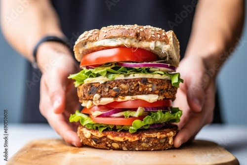 a stacked vegan cheese burger in hands photo