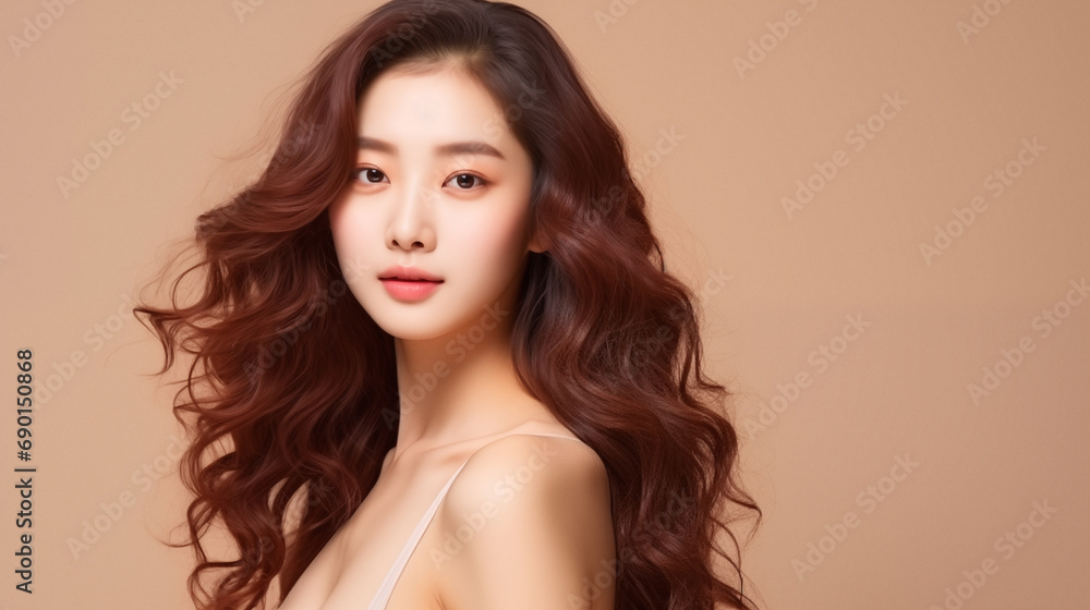 Fashion beauty portrait of young asian model with waving dark hair on beige background. Fashion beauty portrait of young asian model with waving dark hair on beige background.