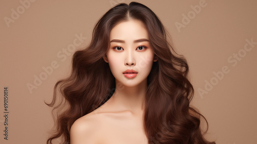 Fashion beauty portrait of young asian model with waving dark hair on beige background.