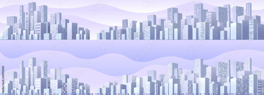 Urban Abstract of business district. Horizontal banner, background cityscape. City buildings panorama in frat style, header images for web. Vector illustration simple geometric
