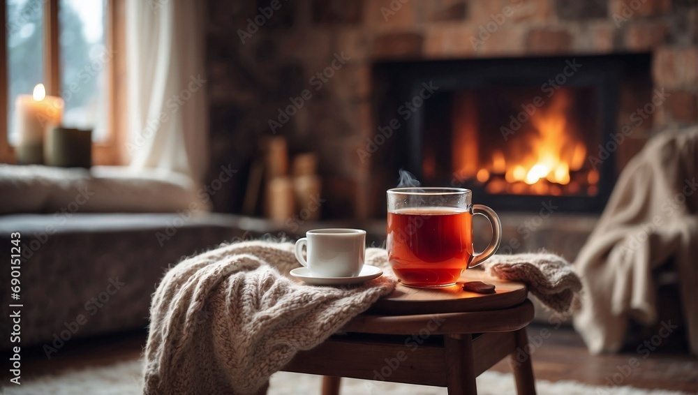 Hot Tea, Coffee and Candles in a Room with a Fireplace, Winter Themed Hot Tea, Coffee and Candles in a Room with a Fireplace, Winter Themed
