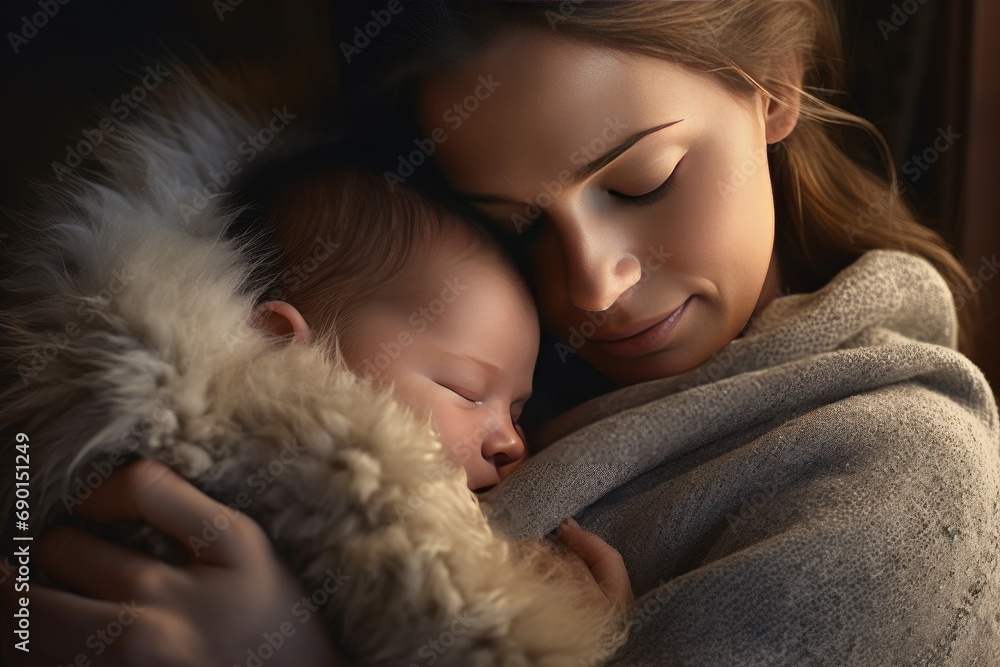 Mother holding newborn in tender embrace. Maternal bond and care.