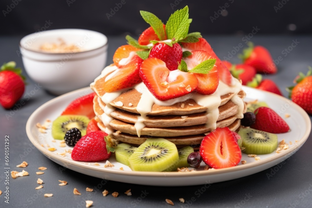 plate of vegan pancakes with fruit toppings