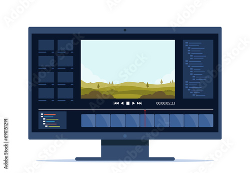 Video editing on desktop computer. Software to edit videos on screen with nature landscape scene, timeline and user interface. Multimedia and film production concept. Vector illustration.