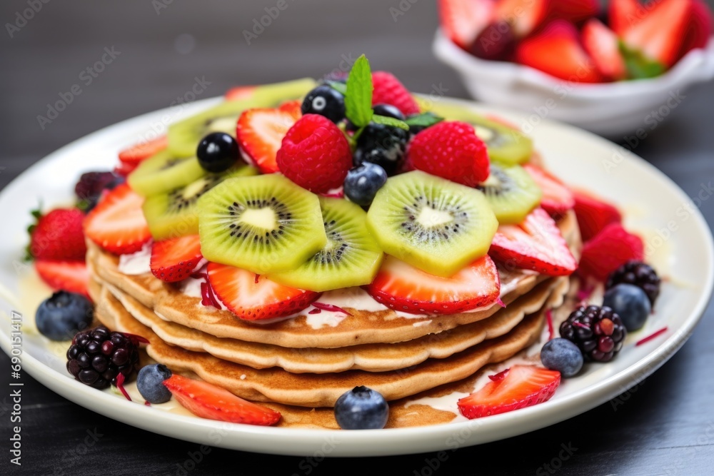 plate of vegan pancakes with fruit toppings