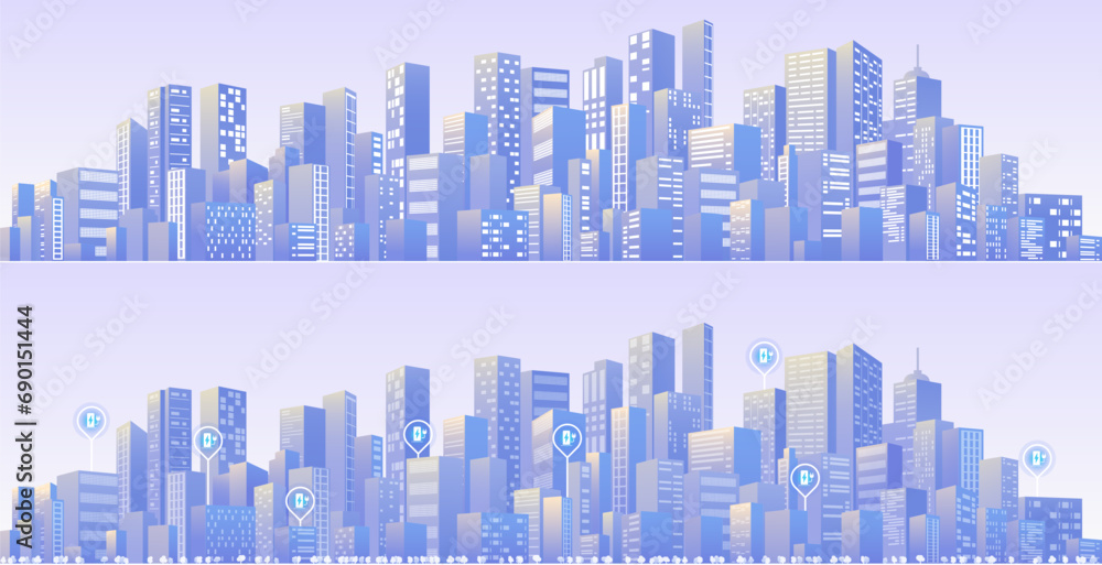 Location EV charging station location mark. Urban silhouette landscape. Abstract horizontal background cityscape. Panorama in frat style. City buildings of business district. Vector illustration