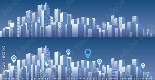 Pick up taxi, location mark. Urban silhouette landscape. Abstract horizontal background cityscape. Panorama in frat style. City buildings of business district. Vector illustration