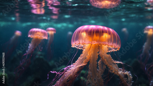 Glowing jellyfish swim deep in the deep blue sea. Medusa neon jellyfish fantasy concept.