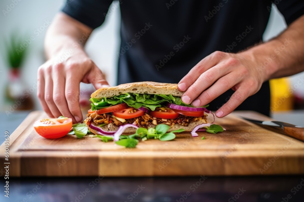 man slicing vegan sandwich on wooden board