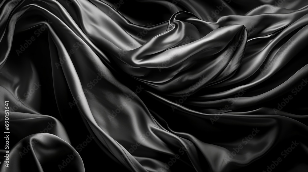 Fototapeta premium Black white silk satin fabric abstract background. Drapery fold crease wavy crumpled. Light shiny glitter shimmer shine. Luxury beauty rich. Sexy. Fluid flow liquid effect. Design. Wallpaper concept.