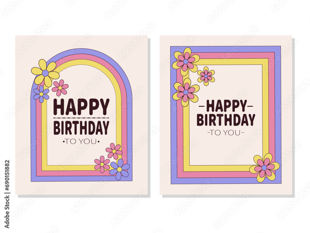 Obraz premium Birthday card set with flowers in groovy style.